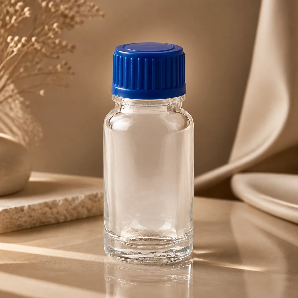 Série de flacons en verre transparent ClearLine UT18/10 de 10 ml avec bouchon standard bleu de 11 mm – vue de profil