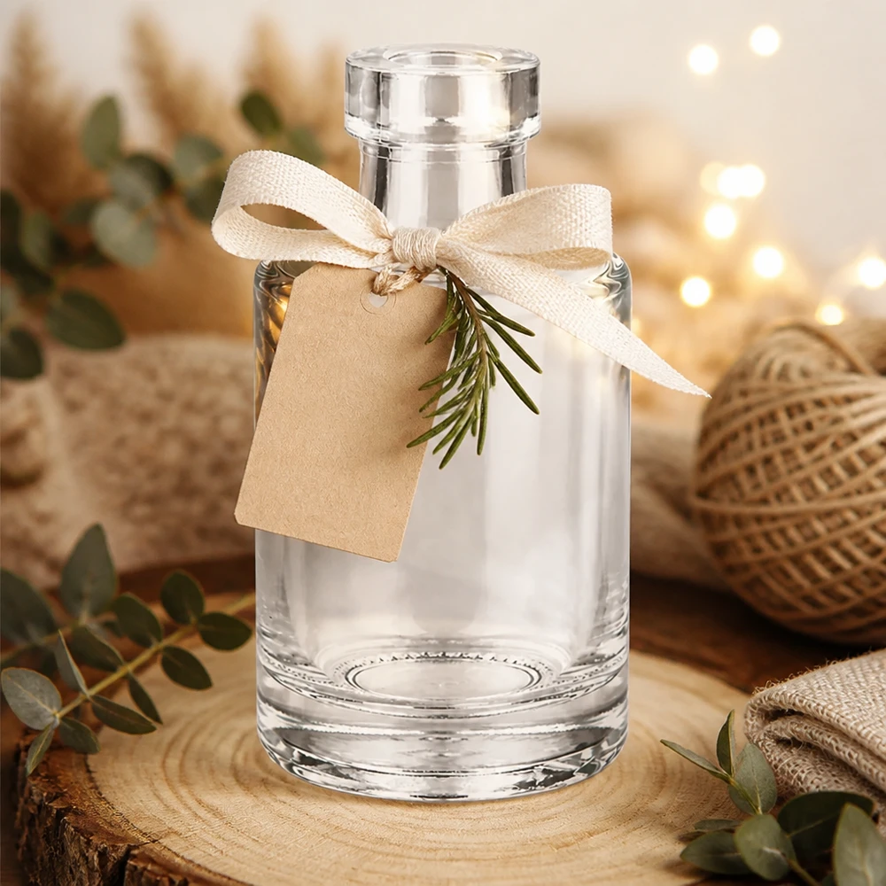 Bouteille en verre 100 ml « Marie » sans bouchon UNiTWIST® Bouteille en verre 100ml Marie décorative avec pendentif ruban cadeau et romarin dans une ambiance chaleureuse avec guirlandes lumineuses