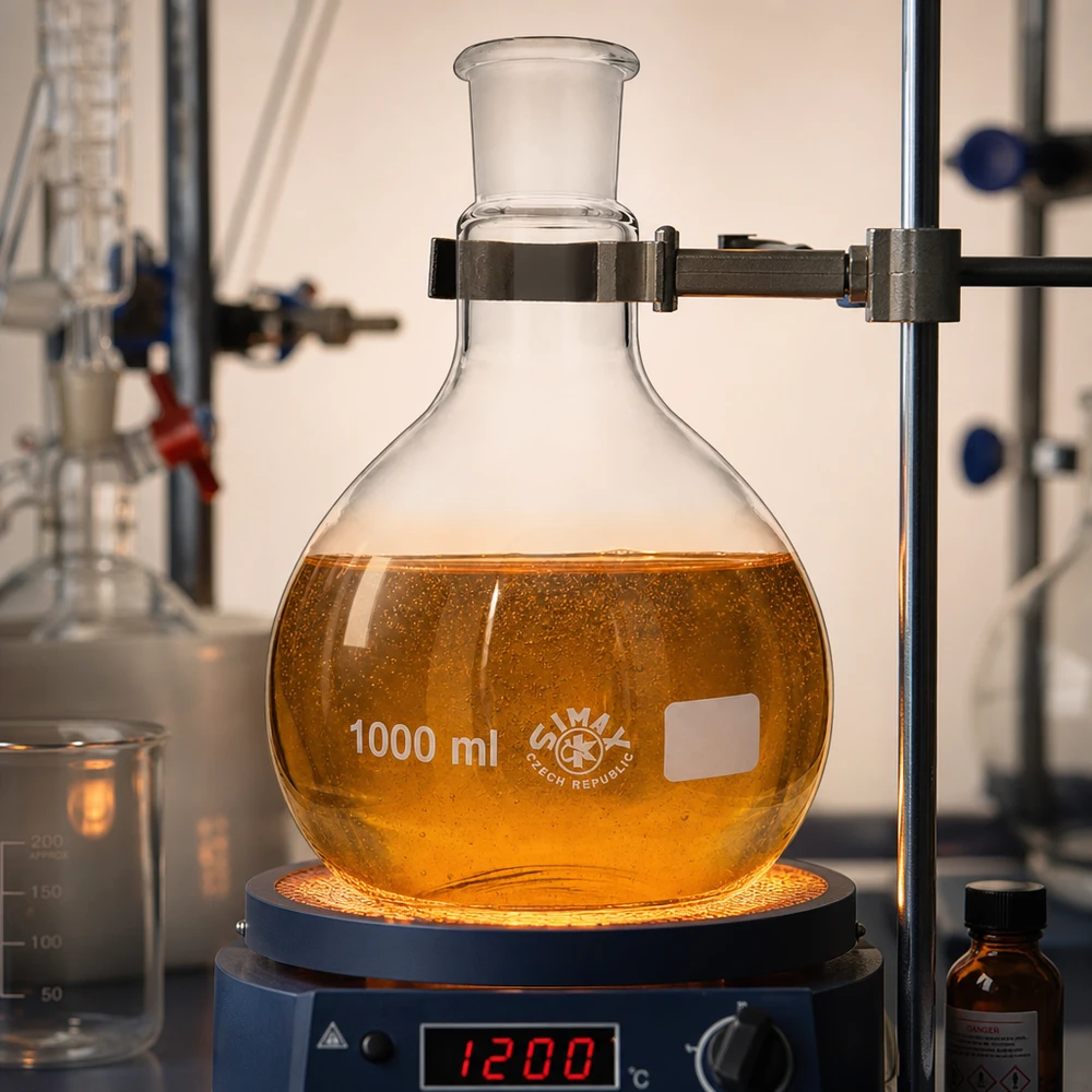 Ballon à fond plat 1000 ml à col large, en verre borosilicate avec rodage normalisé 29/32 Ballon vertical 1000ml qualité SIMAX avec système de chauffage et contrôle précis de la température pour les synthèses