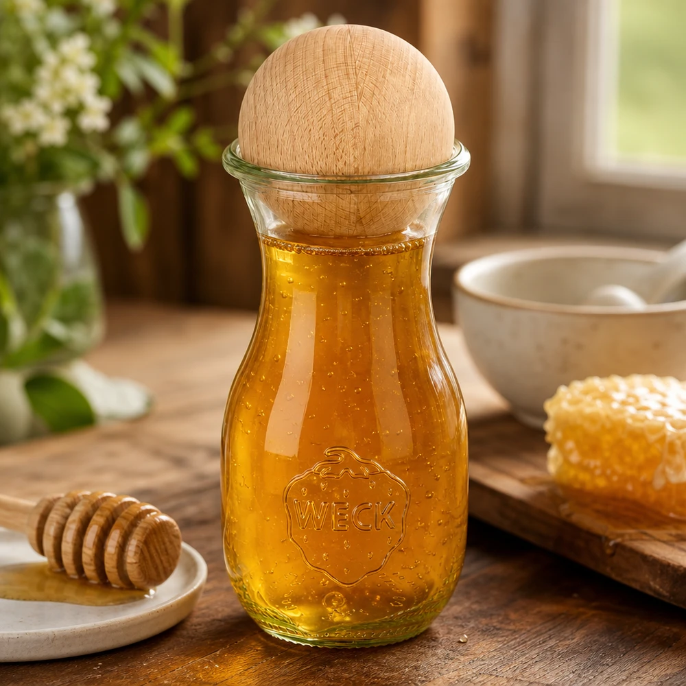 WECK Bouteille de jus de fruits 290ml remplie de miel avec boule en bois de hêtre, décorée d'un nid d'abeille et d'une cuillère à miel