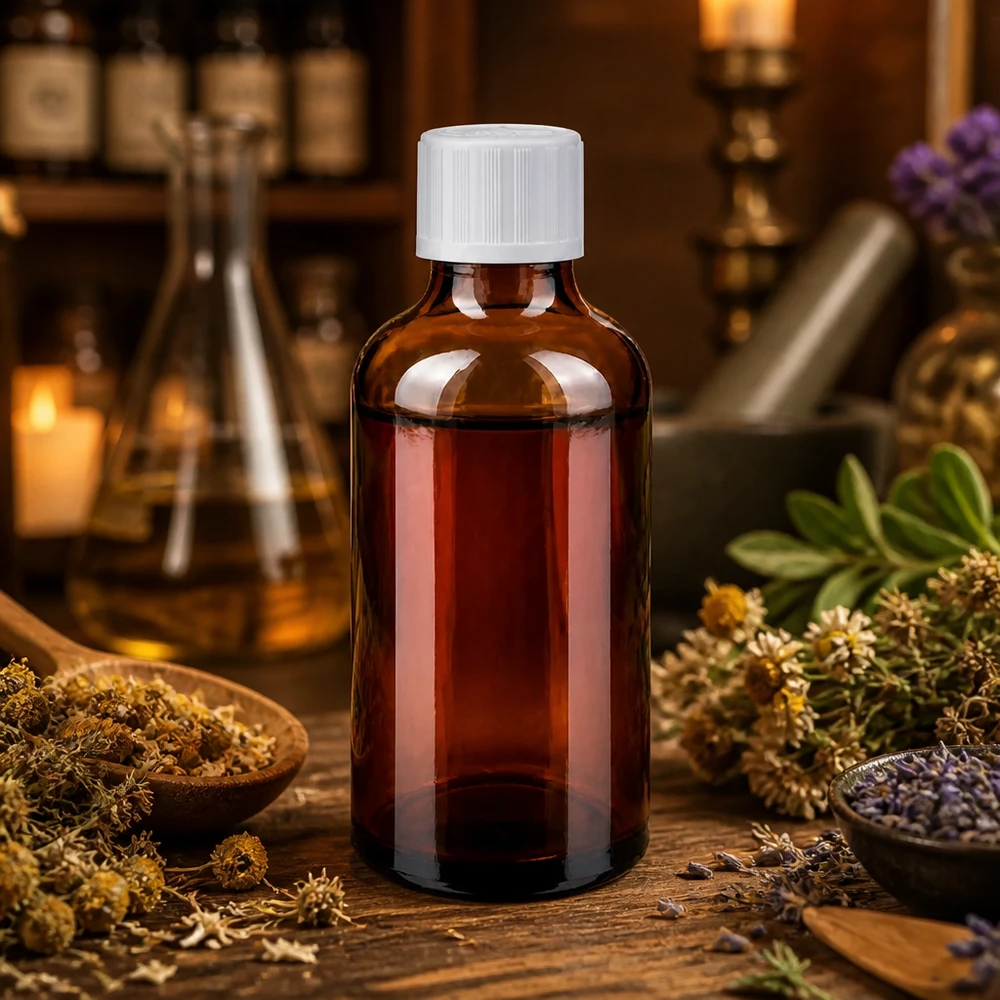 Flacon en verre pharmacien de 50 ml, en verre ambré, muni d'un bouchon compte-gouttes à l'épreuve des enfants de 1,2 mm, posé sur une table en bois rustique
