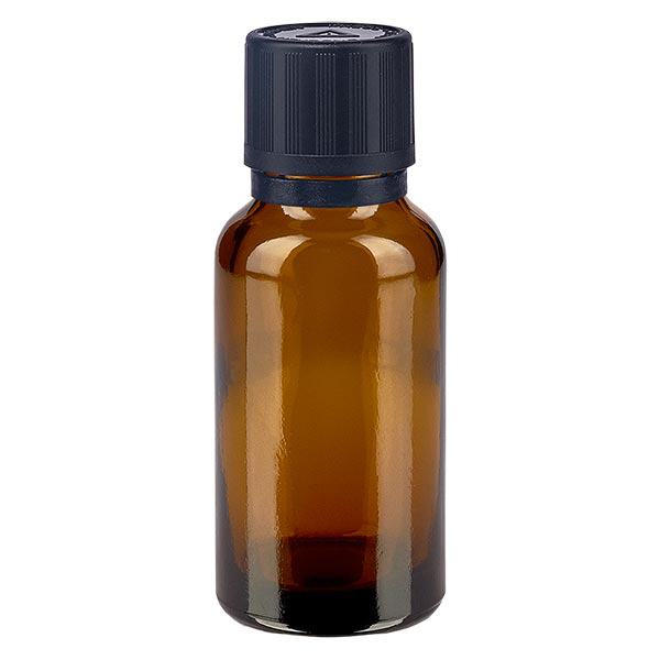 Flacon brun 20 ml, bouchon compte-gouttes noir 1 mm, sécurité enfants, avertissement aveugles Flacon brun 20 ml, bouchon compte-gouttes noir 1 mm, sécurité enfants, avertissement aveugles