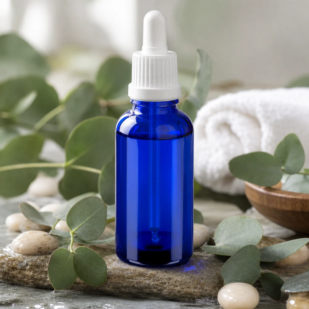 Petit flacon à pipette 30ml bleu cobalt BlueLine UT18 avec bouchon blanc pour les voyages