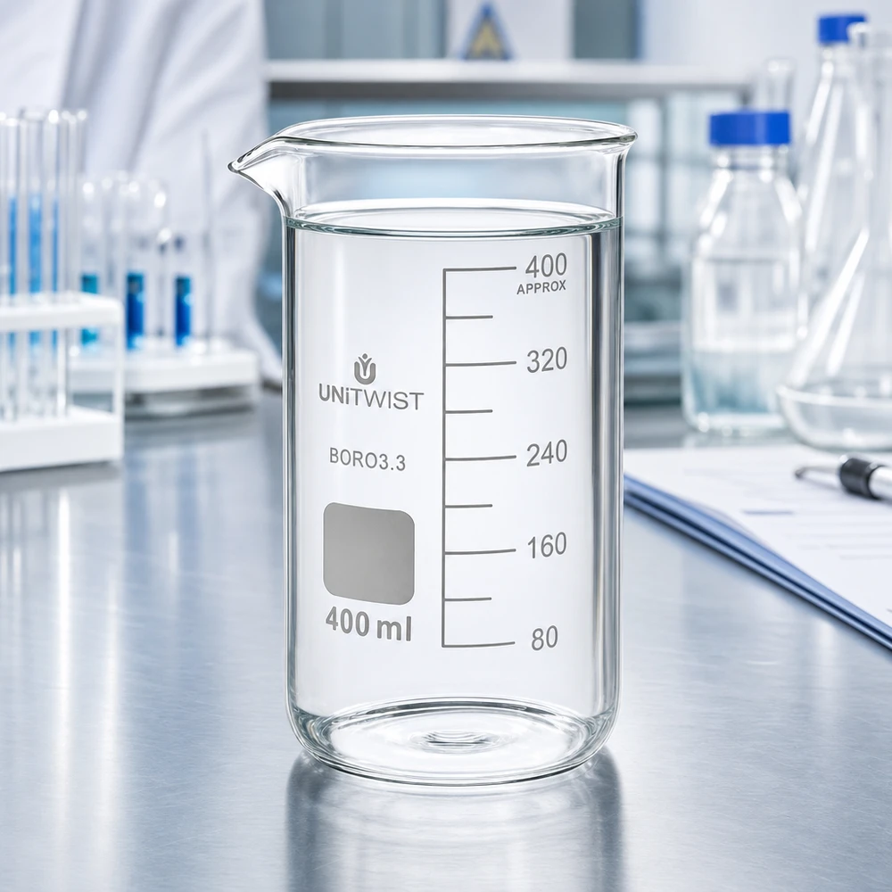 Bécher 400ml borosilicate, forme haute UNITWIST UNITWIST, bécher de laboratoire en verre de 400 ml, modèle haut, avec bec verseur et zone d'étiquetage à l'avant