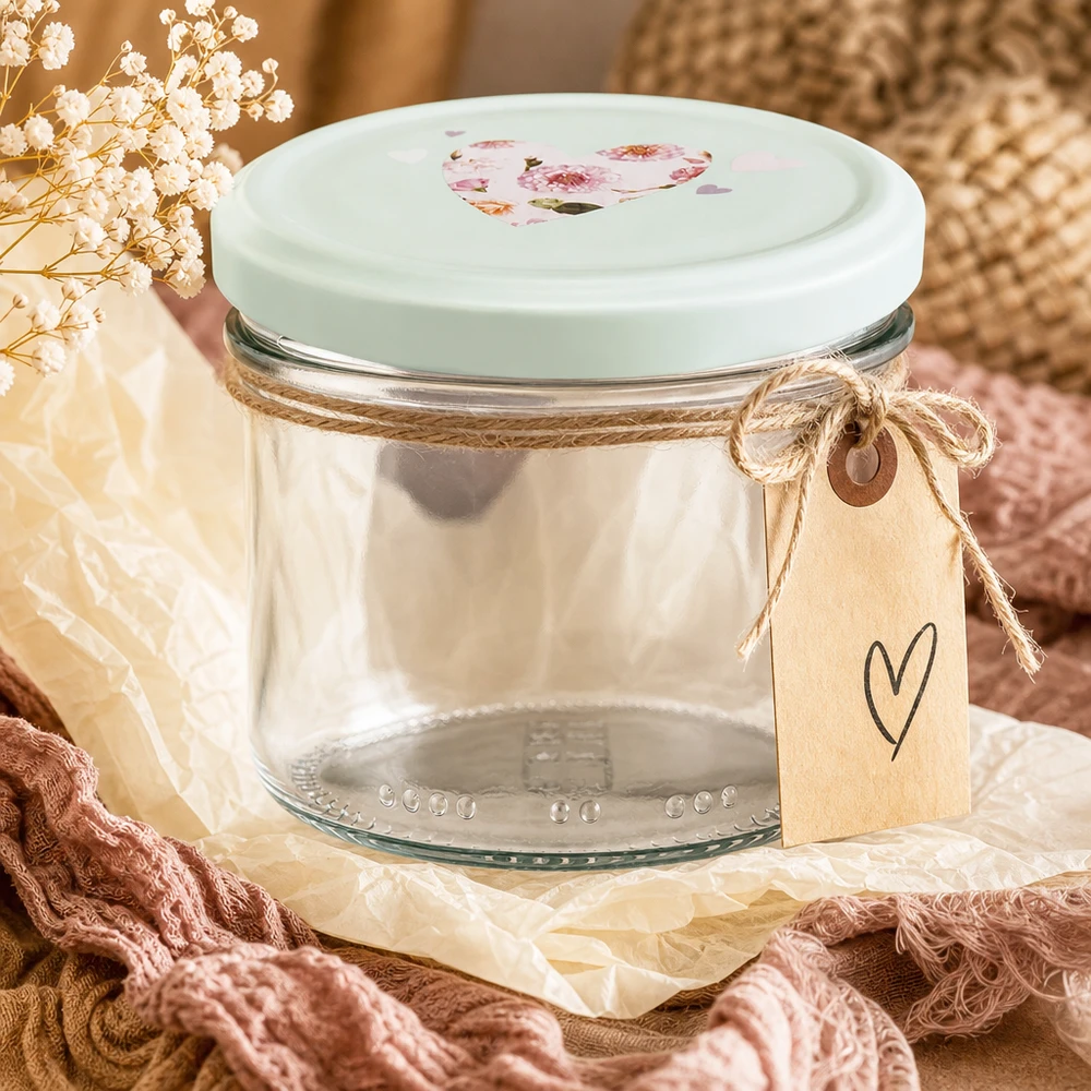 Pot cylindrique de 230 ml + couvercle BasicSeal cur menthe 230ml Zylinderglas mit mint Herzdeckel romantisch dekoriert mit Juteband Geschenkanhänger und Trockenblumen
