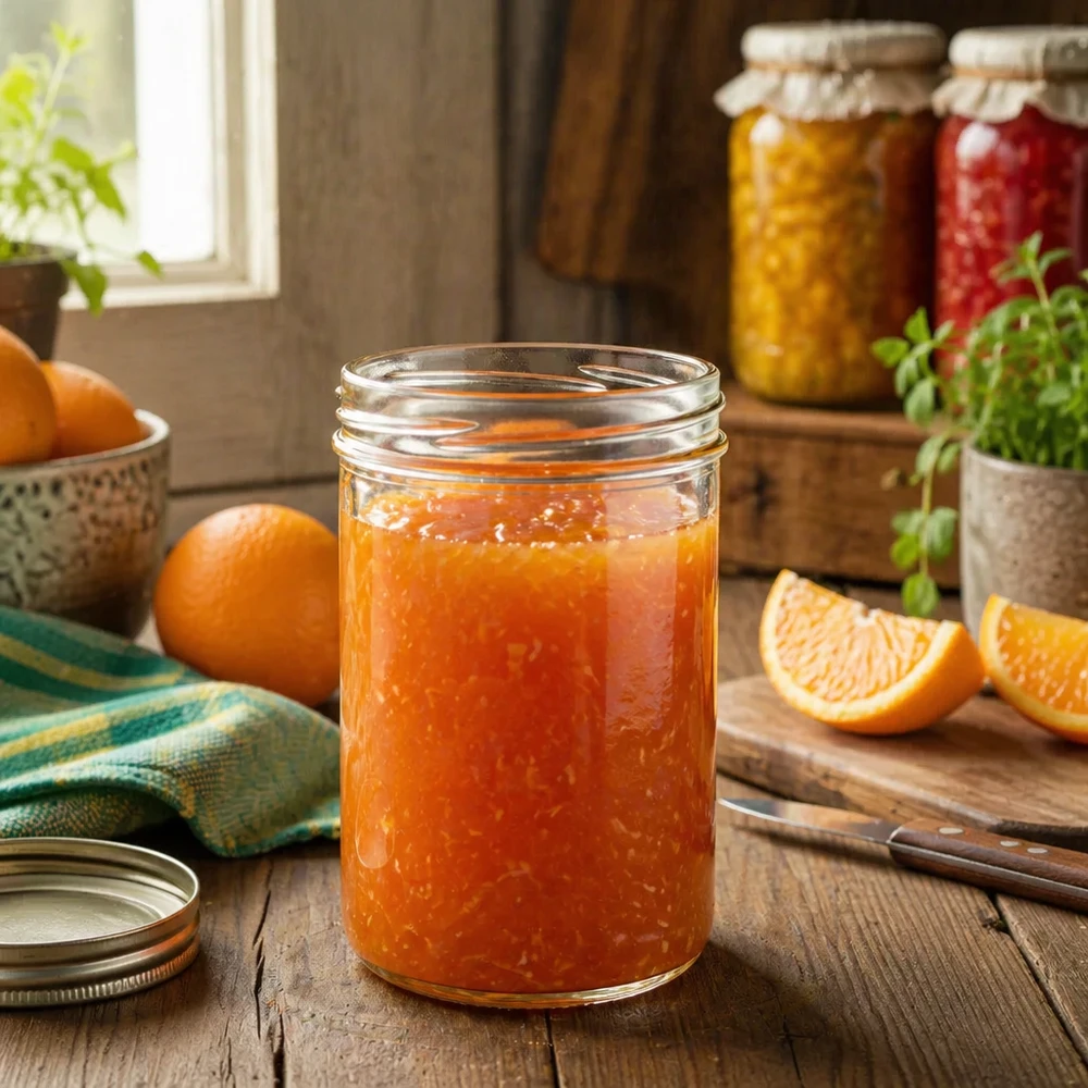 435ml Verre conique sans couvercle (TO82) UNiTWIST UNiTWIST Sturz435 Pot de conserve 435ml rempli de confiture d'orange maison dans une cuisine rustique avec des oranges fraîches