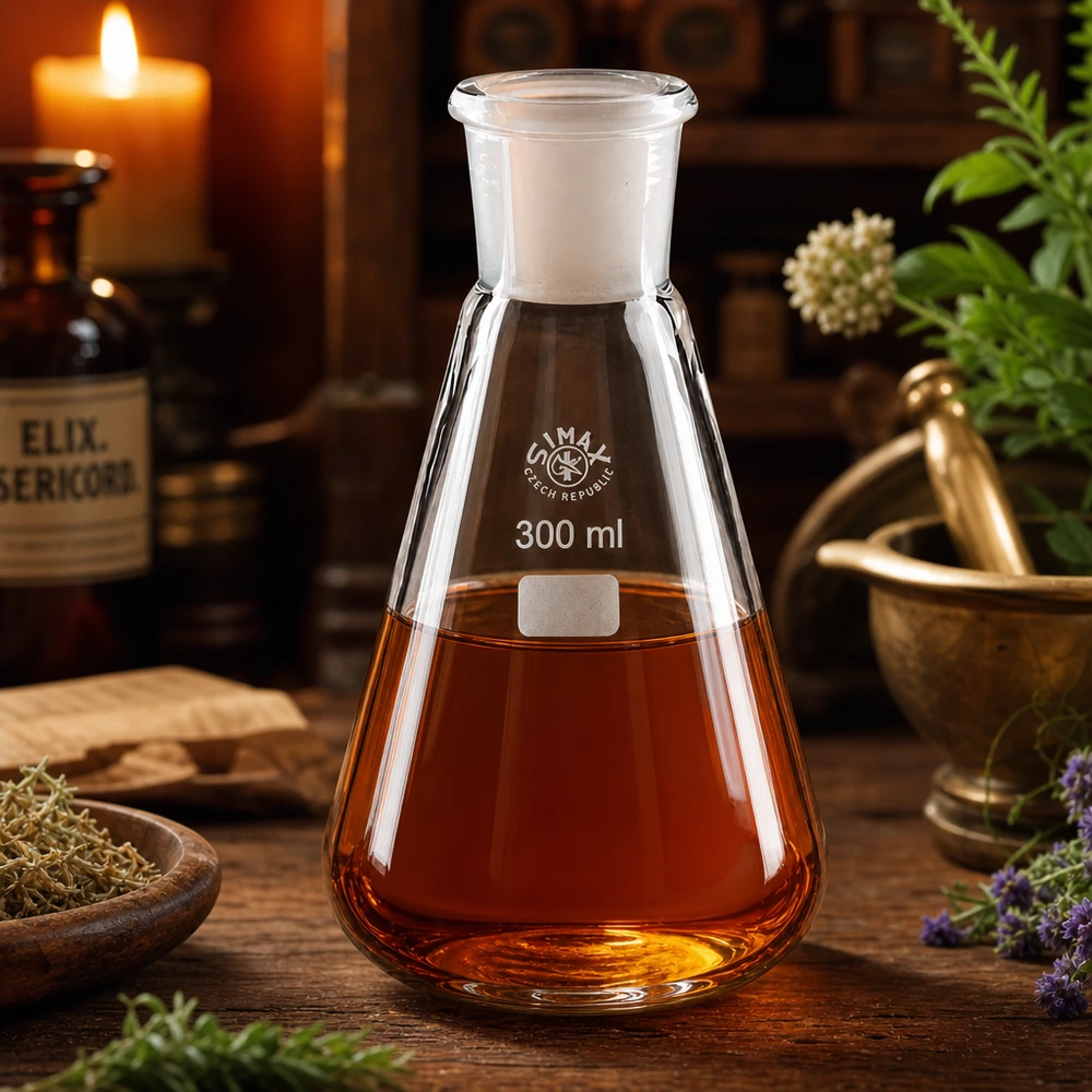 Erlenmeyer 300 ml col étroit, verre borosilicate avec rodage normalisé 29/32 Fiole Erlenmeyer 300ml Fiole en verre taillé 29/32 sur table en bois décorée avec bougie et plantes
