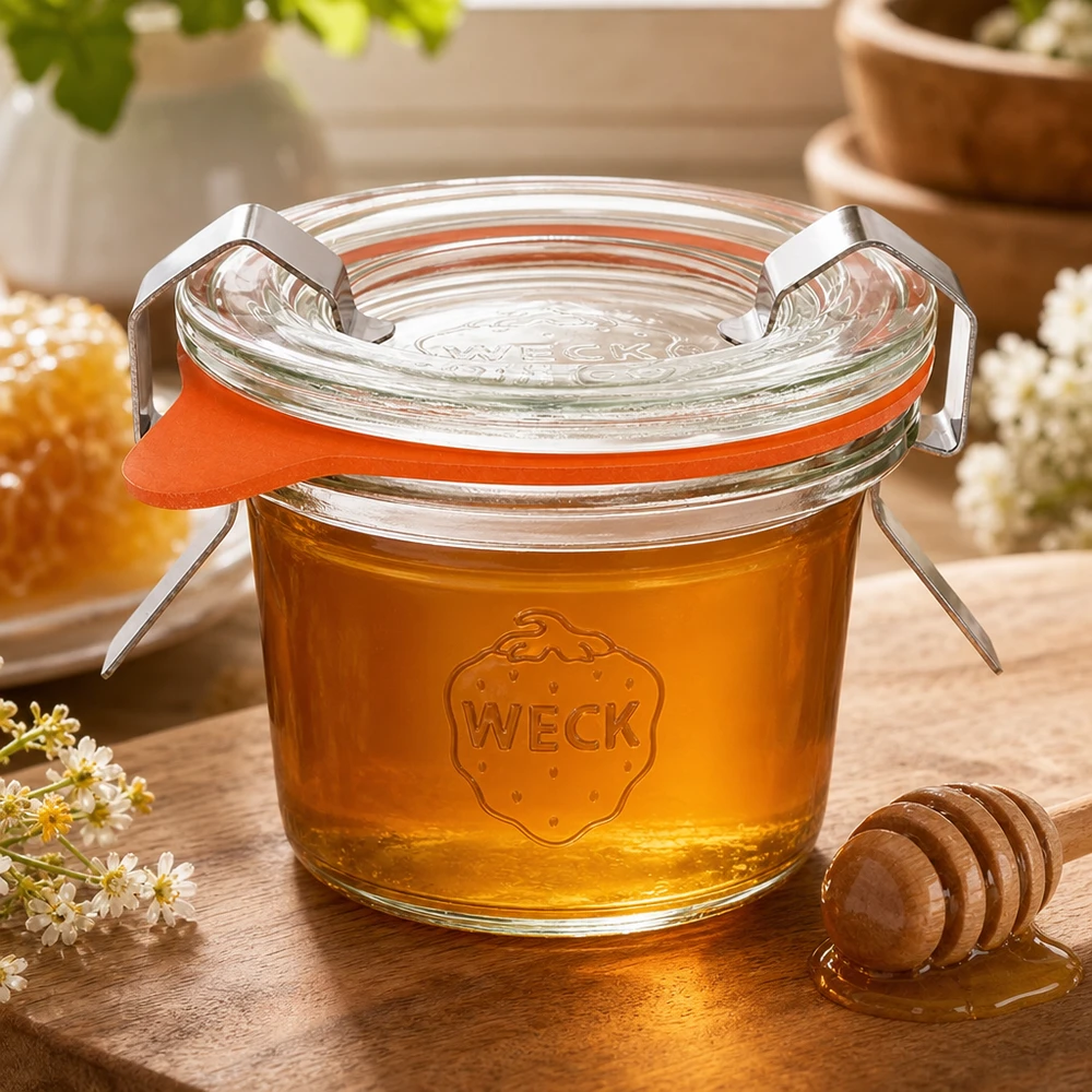 35ml bocal conique complet WECK RR40 WECK Sturzglas 35ml RR40 mit goldenem Honig gefüllt neben Honiglöffel und Waben zeigt natürliche Lagerung
