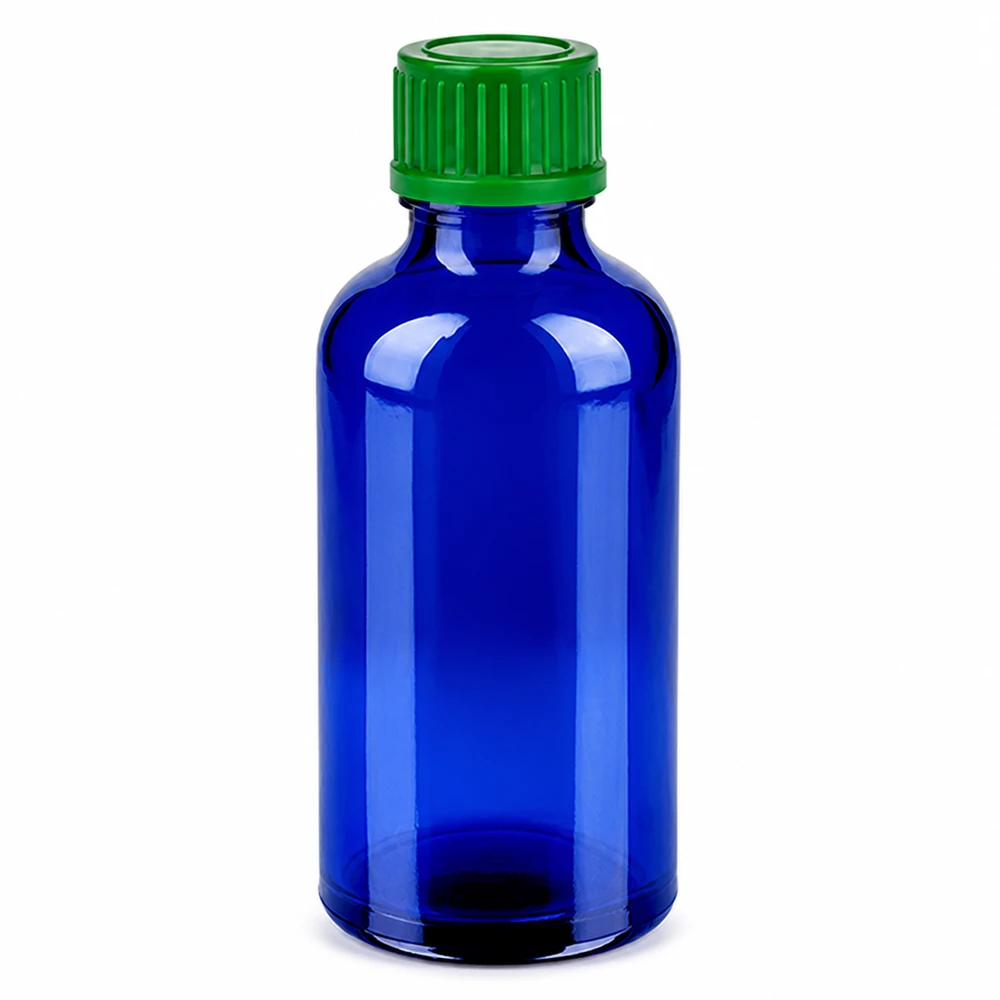 Flacon de 50ml 11mm SV vert STD BlueLine UT18/50 Bouteille ronde de 50 ml en verre bleu cobalt avec bouchon vert strié