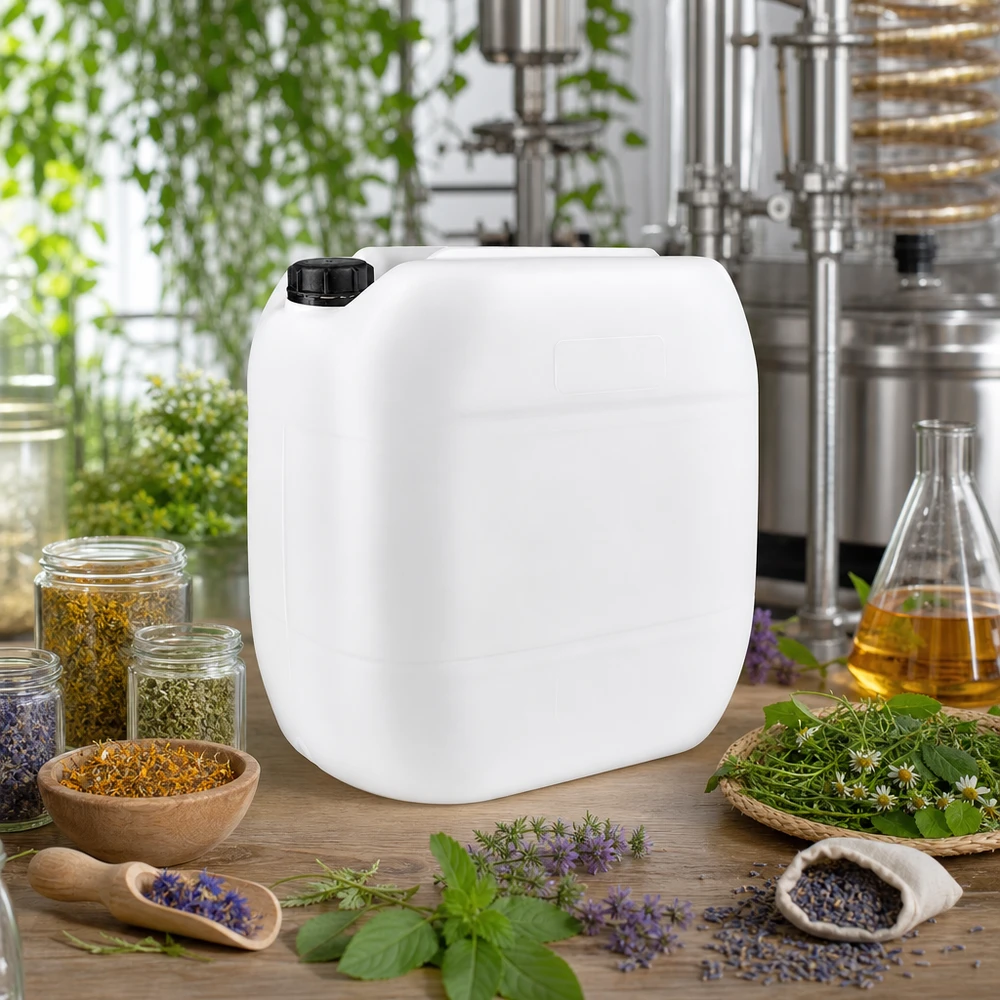 Bidon plat robuste de 30 litres, blanc, muni d'un bouchon OV, dans un laboratoire de botanique