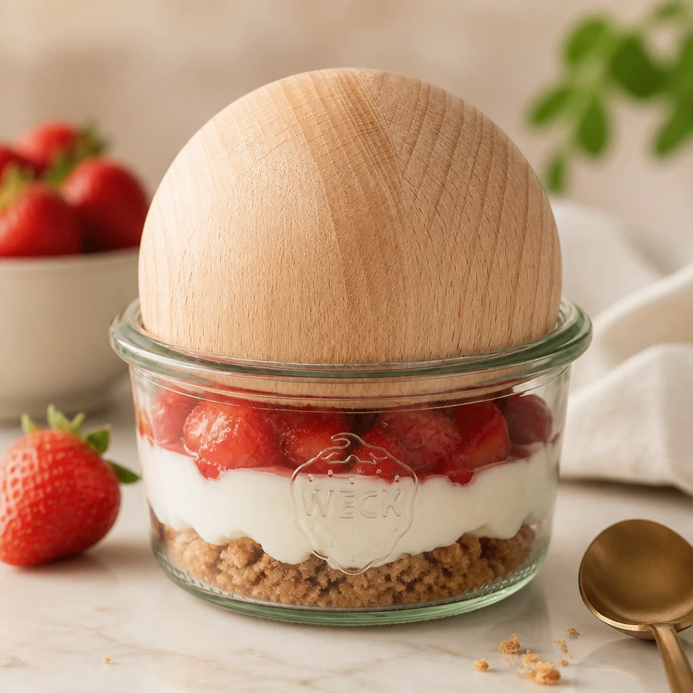 WECK Verre renversé RR80 165ml avec boule en bois de hêtre comme verre à dessert pour dessert stratifié aux fraises sur plaque en marbre