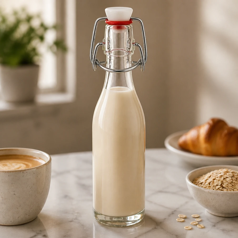 Bouteille en verre de 50 ml + bouchon mécanique PVC UNiTWIST Bouteille en verre de 50 ml avec bouchon à étrier remplie de lait d'avoine dans une cuisine confortable à côté d'une tasse de café et de flocons d'avoine.