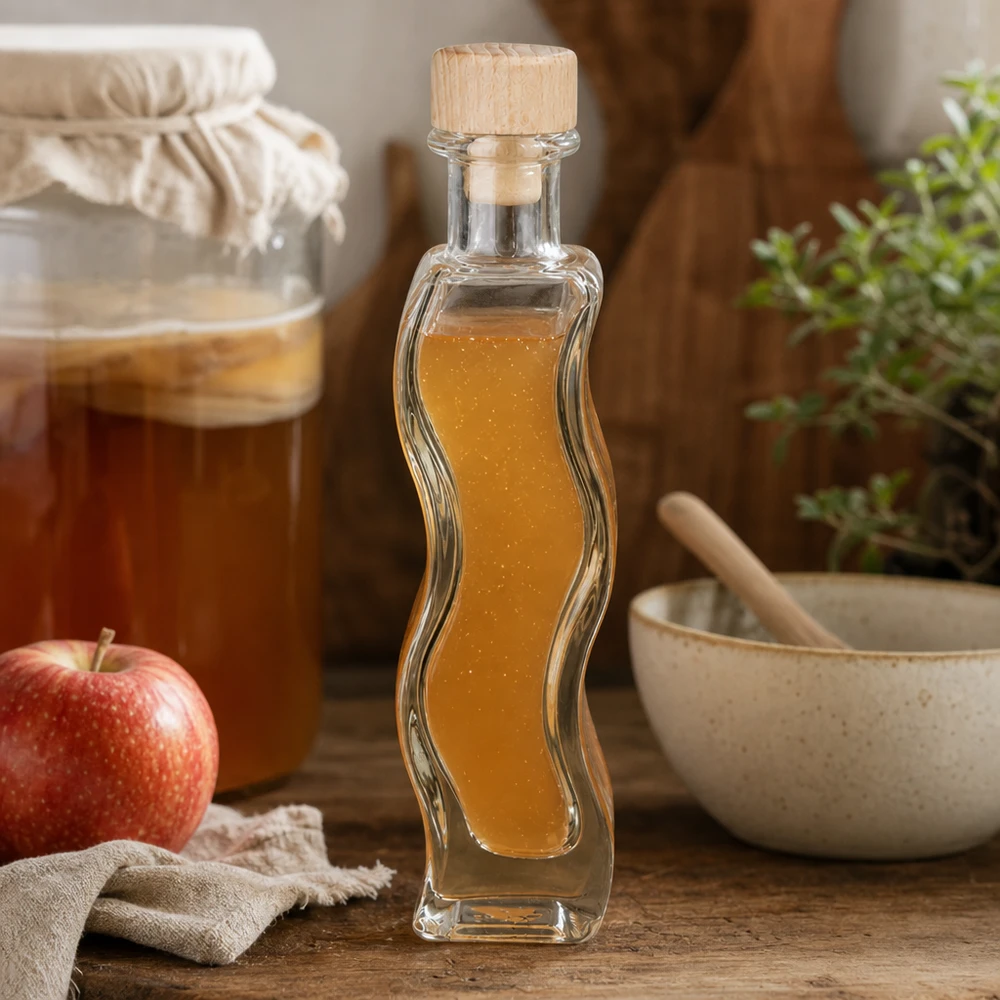 Flacon en verre « Melissa » 100 ml avec bouchon en bois UNiTWIST® 100ml Glasflasche Melissa mit Apfelessig befüllt neben rotem Apfel Mörser Küchenszenerie Holzkorken natürlich