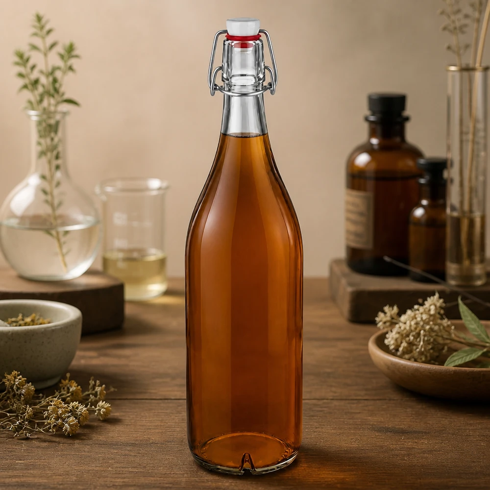 Bouteille en verre 1000ml bouchon étrier PVC ambré rempli de tisane décoration naturelle table en bois
