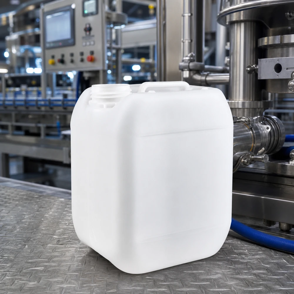 Bidon industriel blanc vide de 5 litres, sans bouchon, posé sur une plaque métallique striée