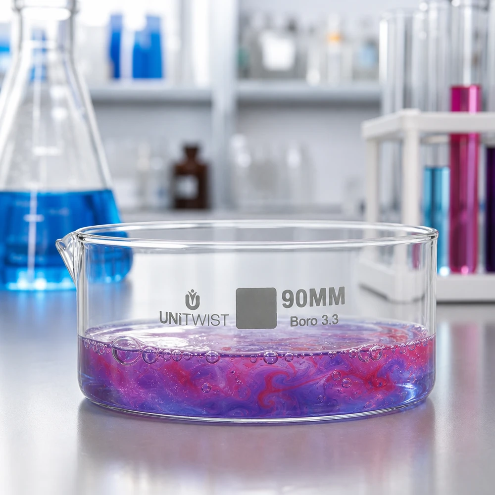Cristallisoir ø90mm verre borosilicaté UNiTWIST Coupelle plate ø 90 mm en Boro 3.3 contenant une solution réactionnelle colorée – Laboratoire de chimie UNiTWIST