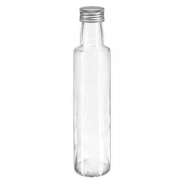 Bouteille à liqueur 250 ml ronde, en verre clair + capsule à vis argentée en aluminium (PP 31,5 mm) Bouteille à liqueur 250 ml ronde, en verre clair + capsule à vis argentée en aluminium (PP 31,5 mm)