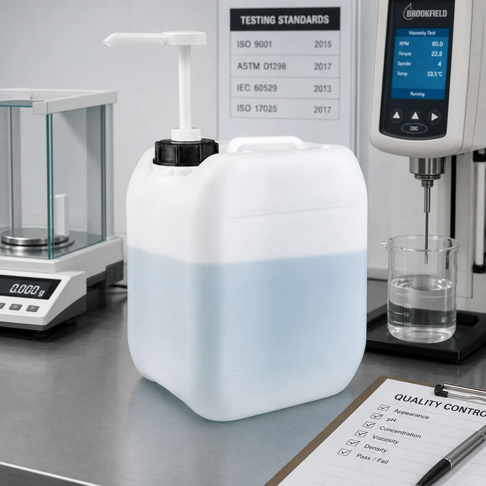 Bidon en plastique hermétique de 5 litres avec pompe-distributeur, testé en laboratoire certifié ISO