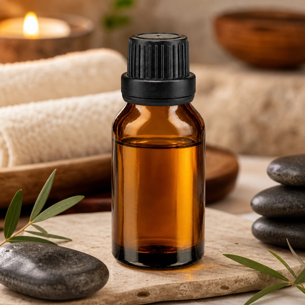 Flacon de pharmacie en verre brun de 30 ml pour huiles essentielles, dans une ambiance spa avec des pierres de basalte