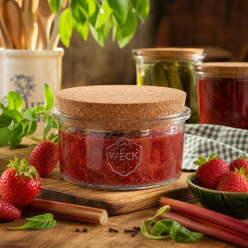 165ml bocal conique WECK RR80 avec bouchon nature WECK Pot de conservation 165ml RR80 rempli de confiture de fraise Couvercle Cork Scénario de cuisine Pot de conservation