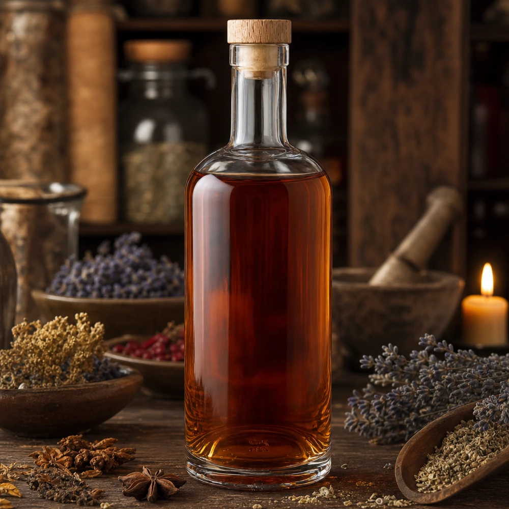 Bouteille en verre Emma de 750 ml avec bouchon en bois remplie d'un liquide ambré dans une atmosphère rustique d'herbes et d'épices