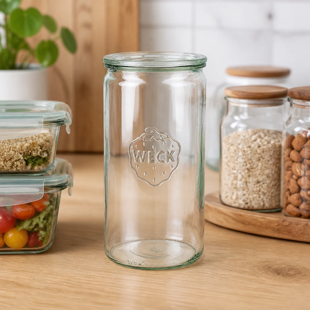 1590ml bocal cylindrique avec bouchon en verre WECK RR100 WECK Verre cylindrique 1590ml RR100 vide sur plan de travail en bois dans cuisine moderne avec bocaux à provisions et plante