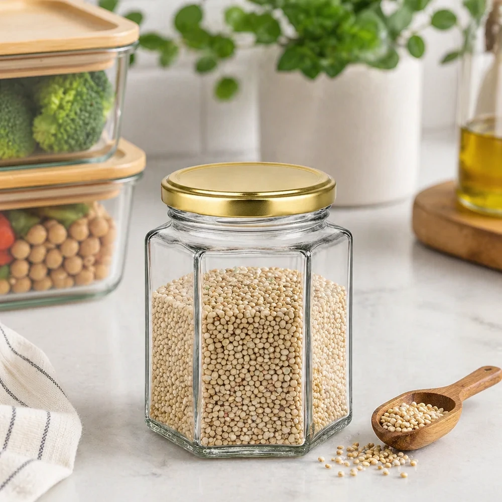 Pot à miel 250 g avec couvercle doré BasicSeal UNiTWIST Pot à miel hexagonal de 250g avec couvercle doré rempli de grains dans la cuisine moderne comme récipient de stockage