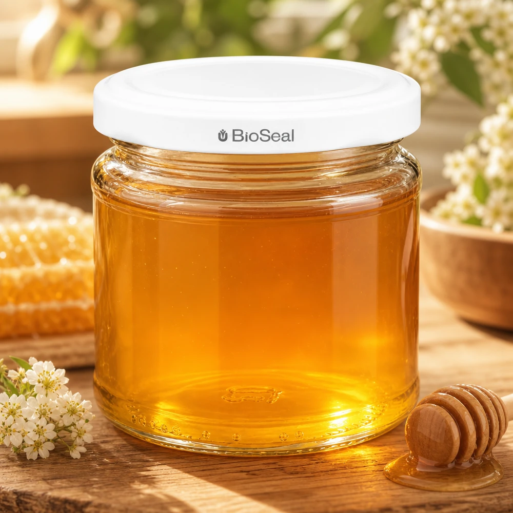 UNiTWIST Runda212 rempli de miel avec couvercle TO66 BioSeal blanc à côté d'une cuillère à miel et de fleurs sur une table en bois