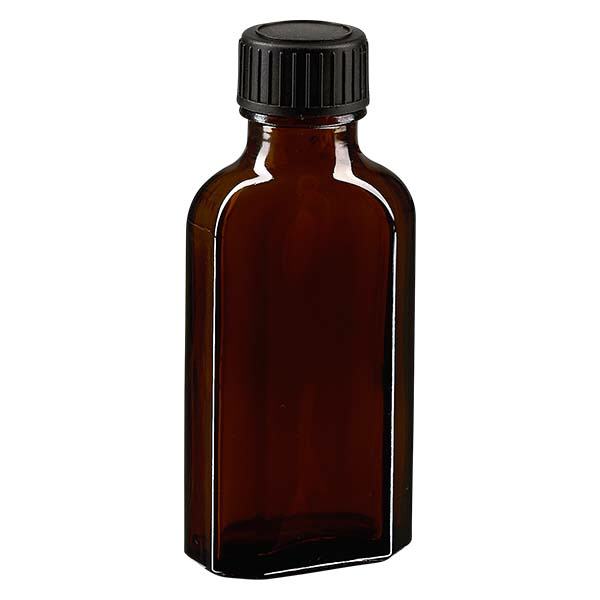 Flasque brune de 50 ml au goulot DIN 22, avec bouchon à vis DIN 22 noir et joint PEE Flasque brune de 50 ml au goulot DIN 22, avec bouchon à vis DIN 22 noir et joint PEE