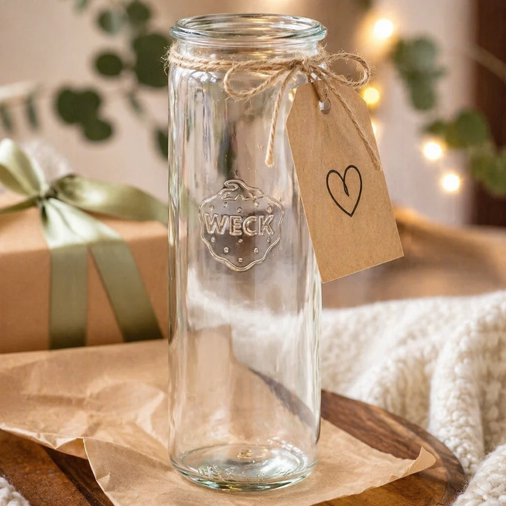 Pot cylindrique WECK RR60 de 600 ml comme idée de cadeau avec un pendentif en forme de cœur entre des cadeaux de Noël et une guirlande lumineuse