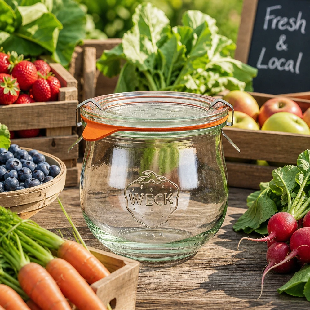 WECK Pot tulipe 370ml RR80 sur stand de marché avec fruits et légumes frais et panneau Local Fresh pour produits régionaux