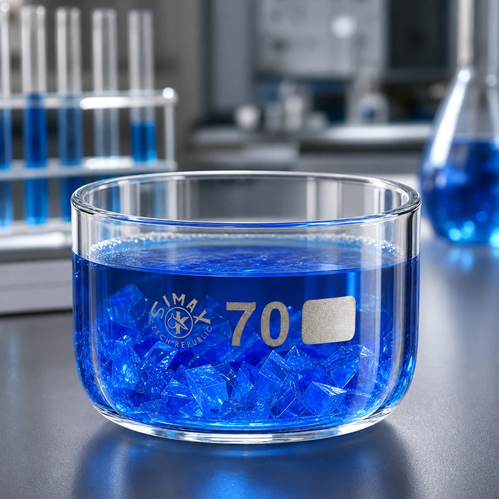 Cuve de cristallisation en verre borosilicaté de 100 ml avec des cristaux bleus et une solution – Utilisation en laboratoire de chimie