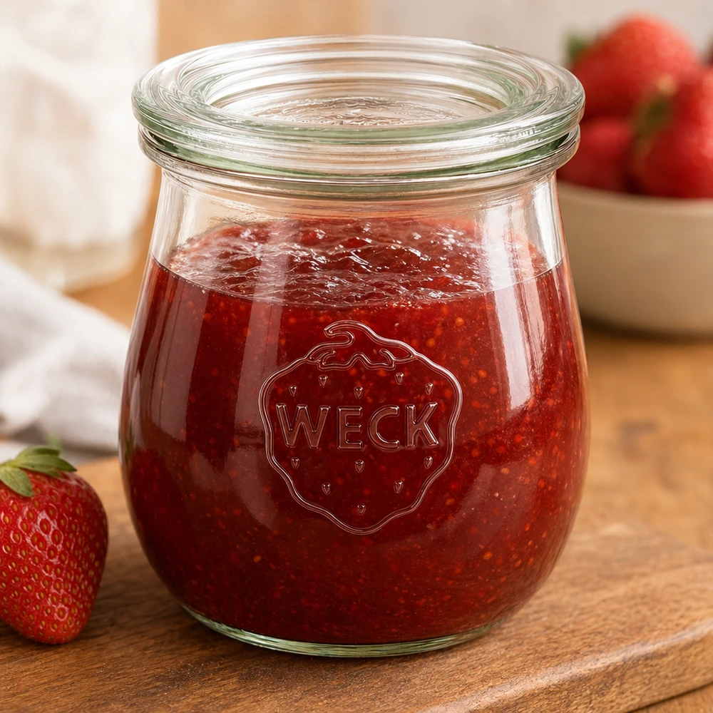 WECK Pot tulipe 220ml rempli de confiture de fraises sur planche en bois avec fraises fraîches en arrière-plan