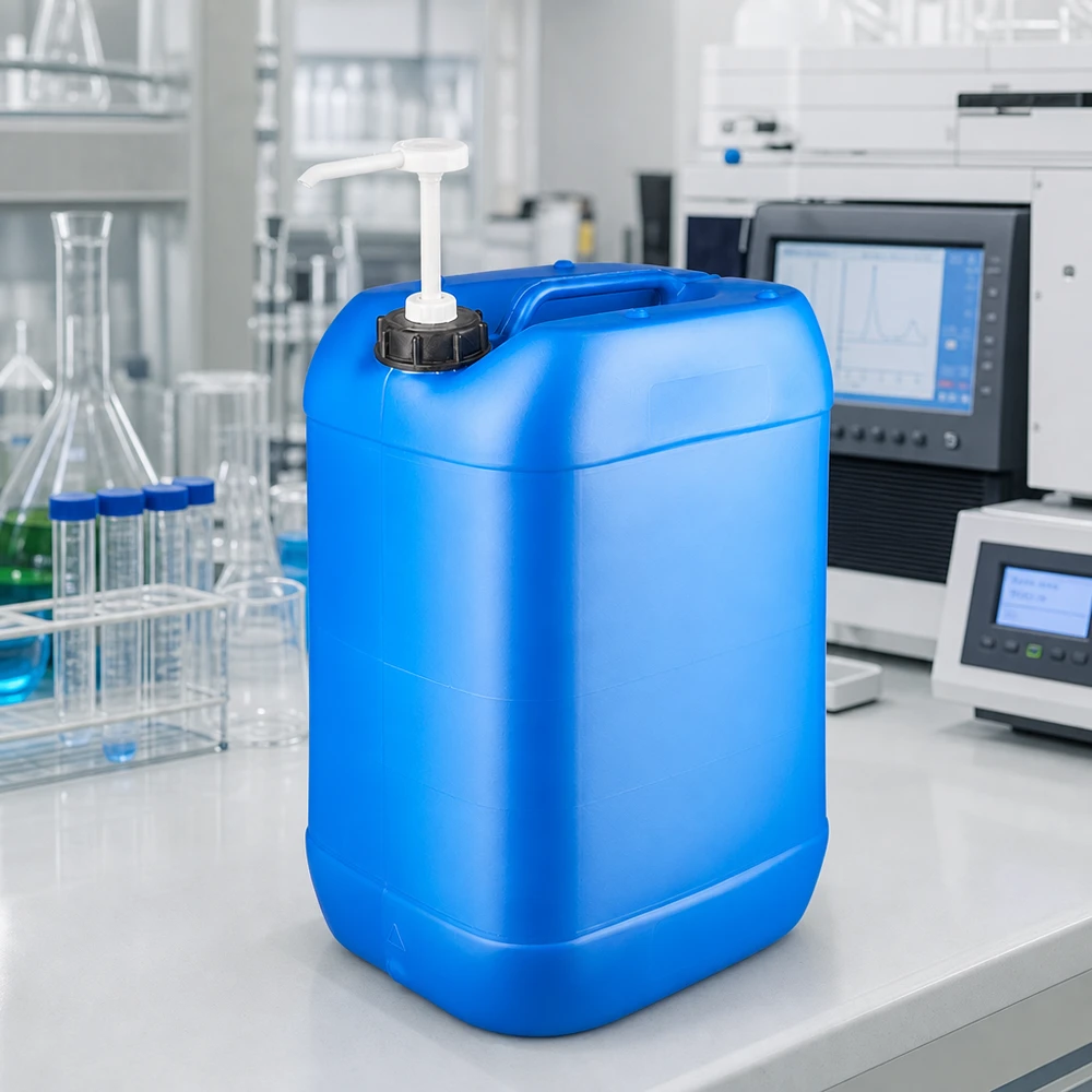 Bidon en plastique HDPE de 25 L, bleu, avec poignée de transport intégrée et pompe doseuse pour produits chimiques