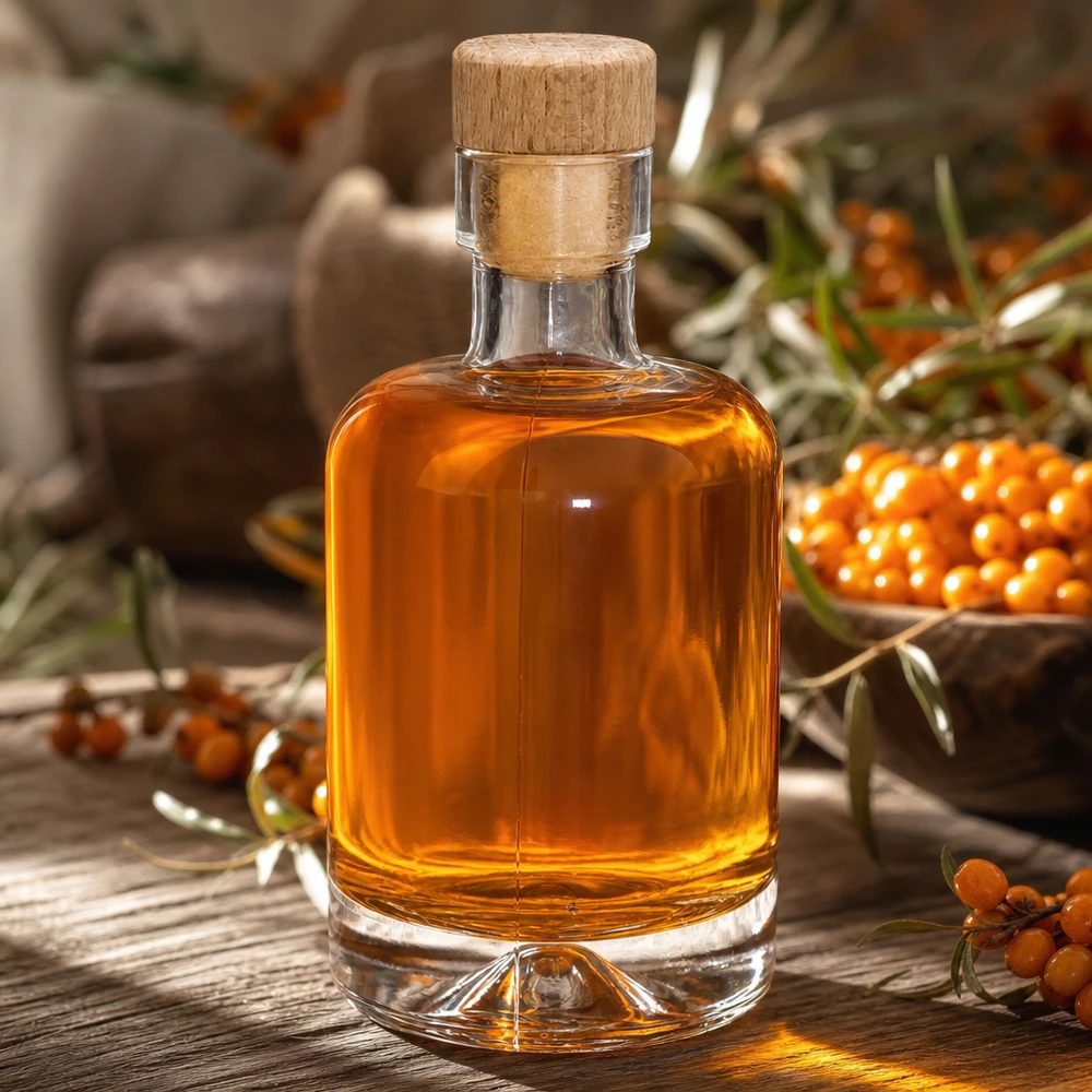 Bouteille en verre 50 ml « Amelie » avec bouchon en bois UNiTWIST Bouteille en verre 50ml Amelie remplie d'huile d'argousier entre des baies d'argousier orange décorées naturellement