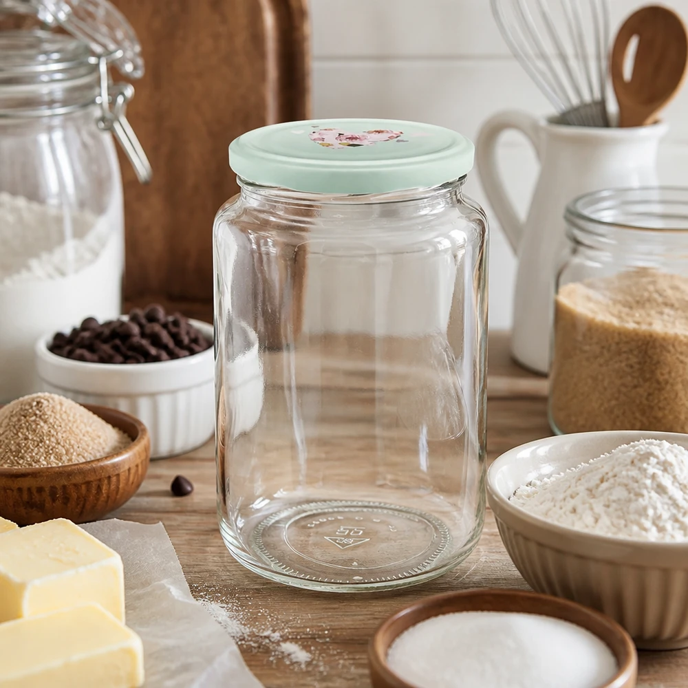 795ml Bocal rond vide avec couvercle à coeur BasicSeal entre les ingrédients de cuisson farine beurre sur planche en bois Accessoires de cuisine