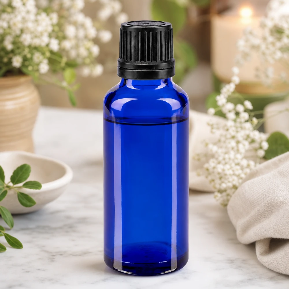 Flacon en verre bleu de 30 ml permettant un dosage précis, muni d'un bec verseur de 1 mm et d'un bouchon inviolable
