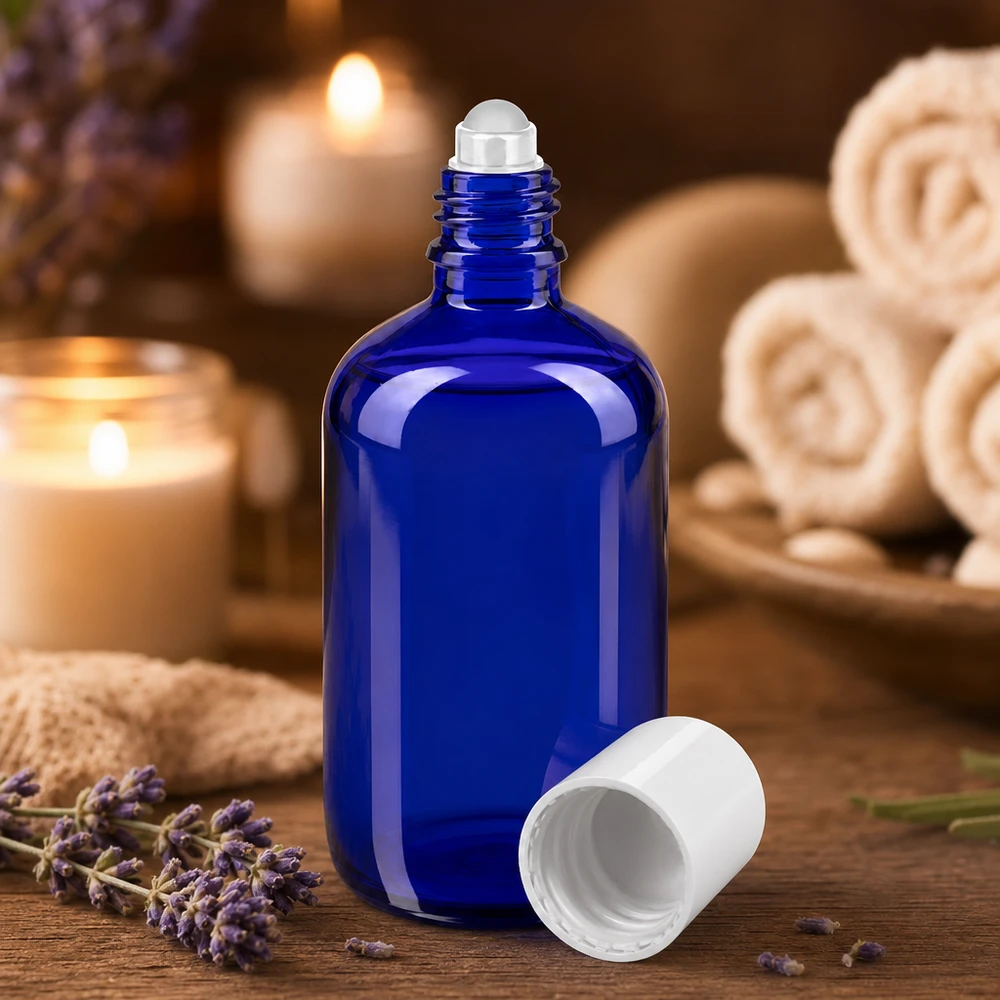 Flacon de pharmacie bleu 100ml Roll-On bouchon blanc Flacon en verre bleu cobalt de 100 ml à bille en acier, avec applicateur à bille, pour l'aromathérapie et les huiles essentielles