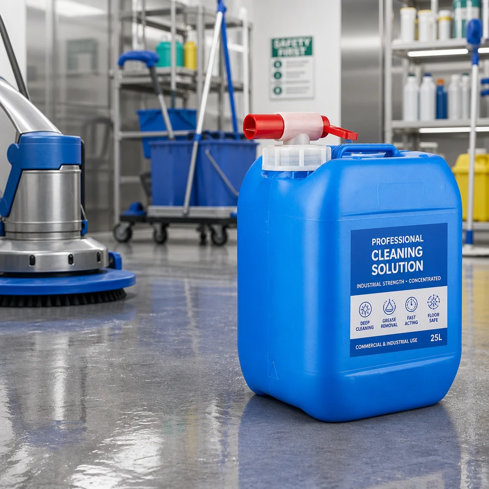 Bidon 5 litres bleu avec robinet Bidon de produit nettoyant compact de 5 L, bleu, avec robinet rouge, destiné à un usage professionnel