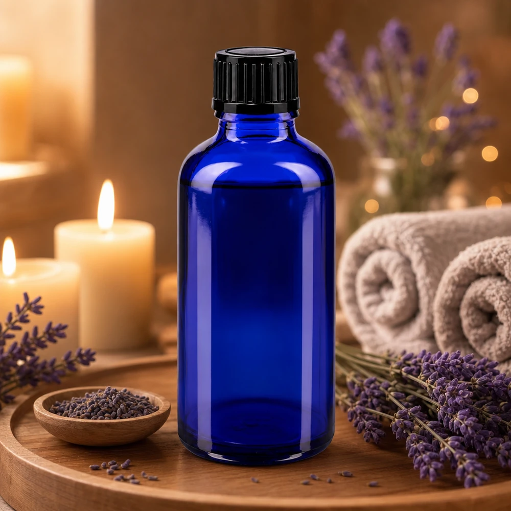 Flacon à pharmacie bleu 50ml bouchon compte-gouttes 1mm noir std Flacon de pharmacie de 50 ml, bleu cobalt, avec compte-gouttes de 1 mm pour huiles essentielles