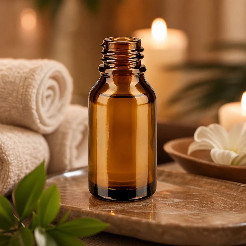 Flacon avec compte-gouttes 15 ml DIN18 - verre ambré Bouteille de pharmacie brune de 15ml ApoGlas dans une lumière chaude de bougie avec des serviettes blanches et des feuilles vertes Wellness Deko