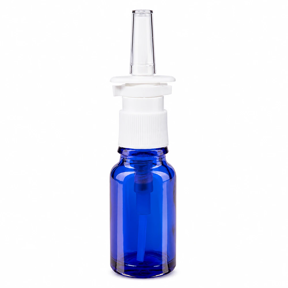 Petit flacon bleu de 10 ml pour spray nasal, en verre ApoGlas de haute qualité, muni d'une pompe pulvérisatrice