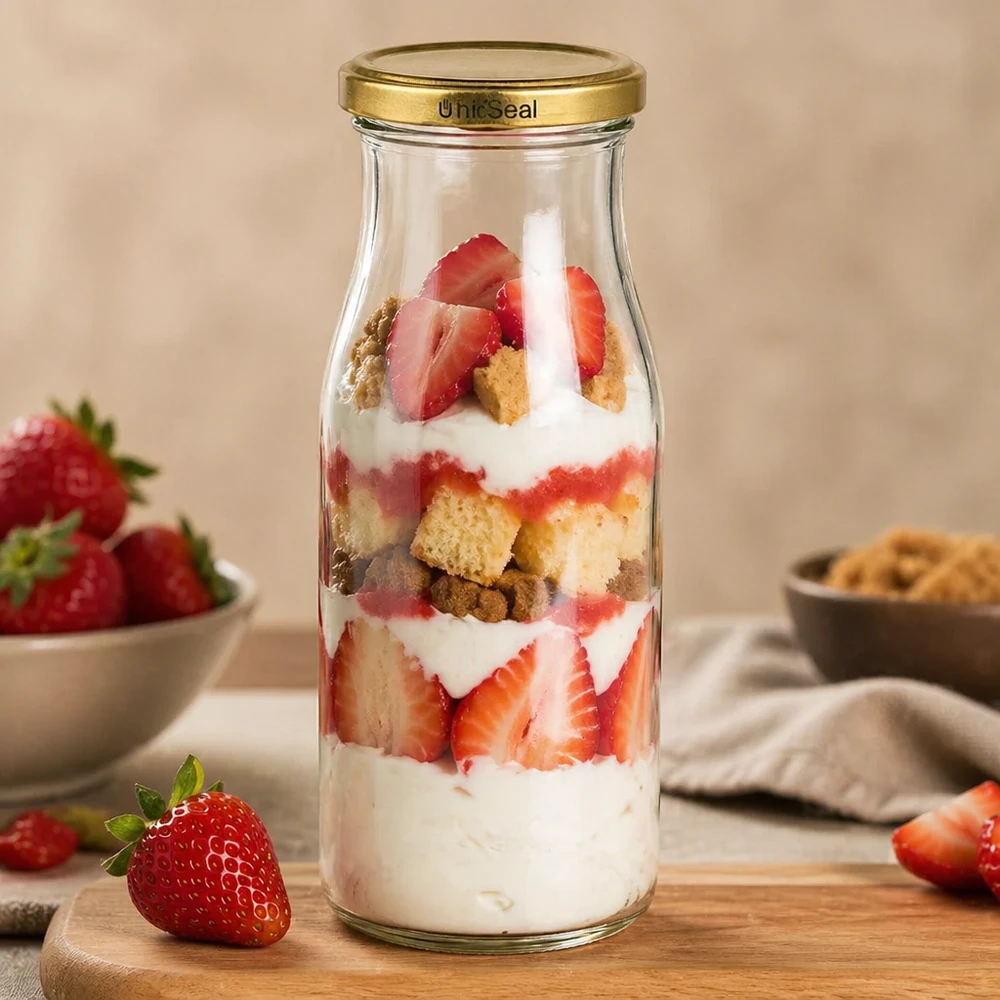 150ml Bouteille avec couvercle BioSeal or UNiTWIST UNiTWIST Bouteille en verre 150ml Dessert à la fraise Dessert en couches TO43 doré BioSeal couvercle crème biscuits planche en bois