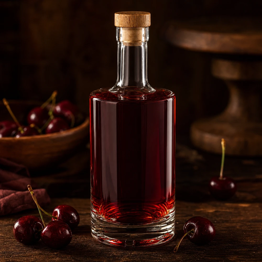 Bouteille en verre 500 ml « Nora » avec bouchon en bois UNiTWIST® Bouteille en verre Nora de 500 ml remplie de liqueur de cerise rouge foncé Bouchon en bois UNiTWIST cerises fraîches table en bois rustique
