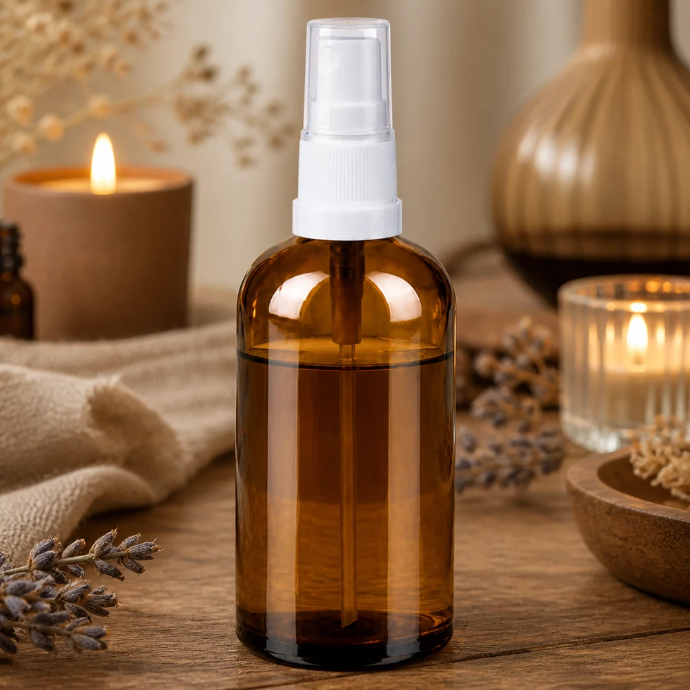100ml Sprayfl. blanc/tr. STD BrownLine UT18/100 Flacon de pharmacie élégant de 100 ml en verre teinté avec tête de pulvérisation blanche pour une utilisation professionnelle