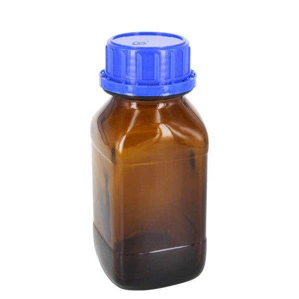 Flacon carré à col large en verre ambré 250 ml, avec bouchon à vis bleu de norme DIN 45, système d’inviolabilité et joint cônique Flacon carré à col large en verre ambré 250 ml, avec bouchon à vis bleu de norme DIN 45, système d’inviolabilité et joint cônique