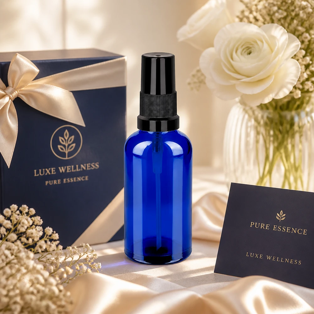 Vaporisateur 50ml noir STD BlueLine UT18/50 Elégant flacon de 50ml en verre bleu anti-UV avec embout de pulvérisation précis pour les cosmétiques naturels