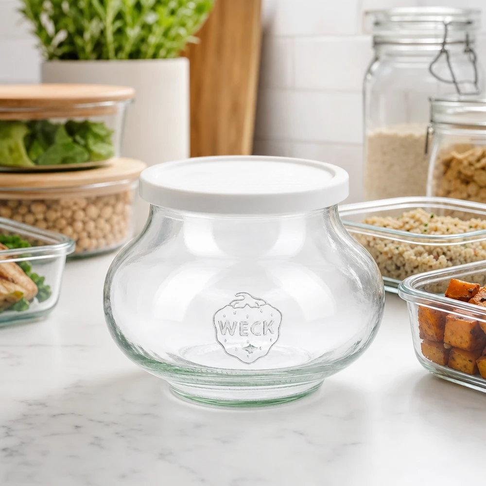 Bocal décoratif de 560 ml avec couvercle hermétique WECK RR80 WECK Vorratsglas 560ml RR80 in moderner Küche zwischen Meal-Prep Behältern und Gewürzgläsern für stylische Aufbewahrung