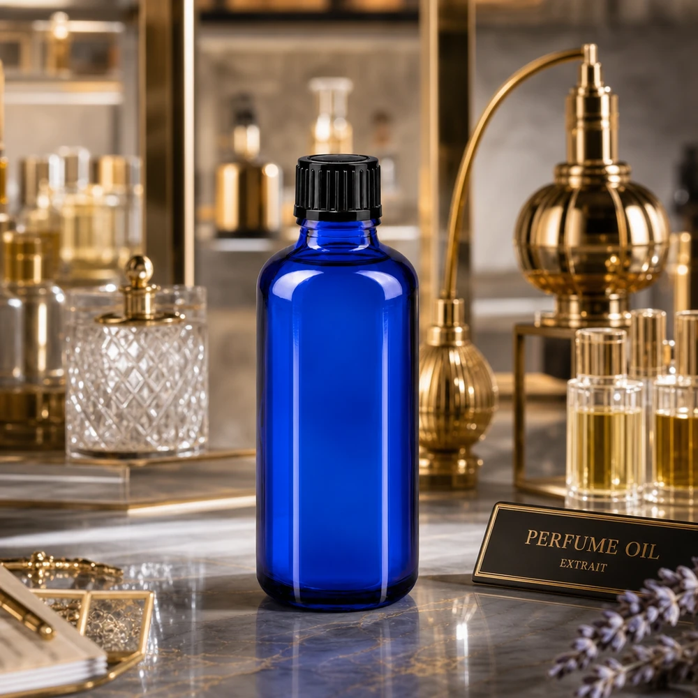 Flacon en verre bleu cobalt de 50 ml muni d'un bouchon compte-gouttes de 1 mm, parmi des flacons de parfum dorés