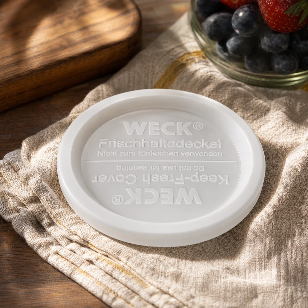WECK Couvercle pour produits frais RR120 Prise de vue Lifestyle sur toile de lin avec coupe à baies et planche en bois Décoration de cuisine